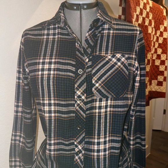 Doe & Rae Plaid Navy Blue Mustard Yellow an White Button Down Shirt SIZE L - Picture 1 of 5